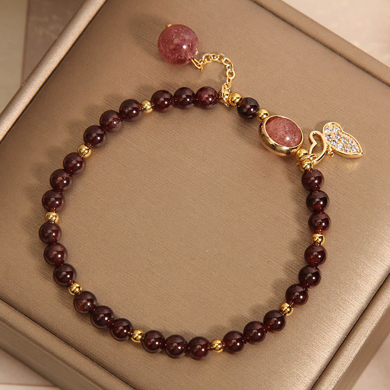 Fortune Jewel Natural Garnet Strawberry Quartz Butterfly Protection Bracelet