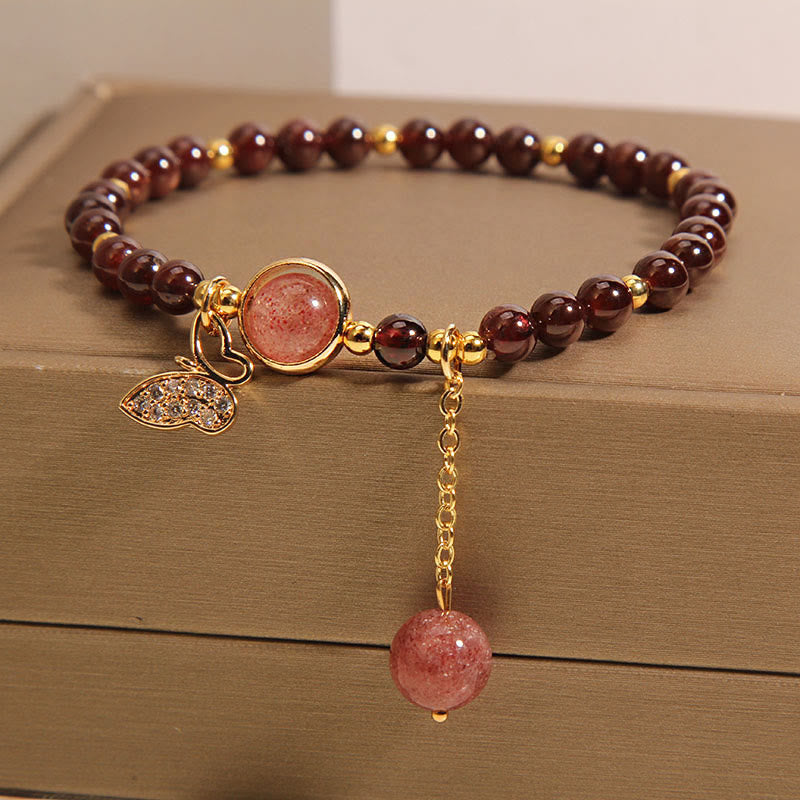 Fortune Jewel Natural Garnet Strawberry Quartz Butterfly Protection Bracelet