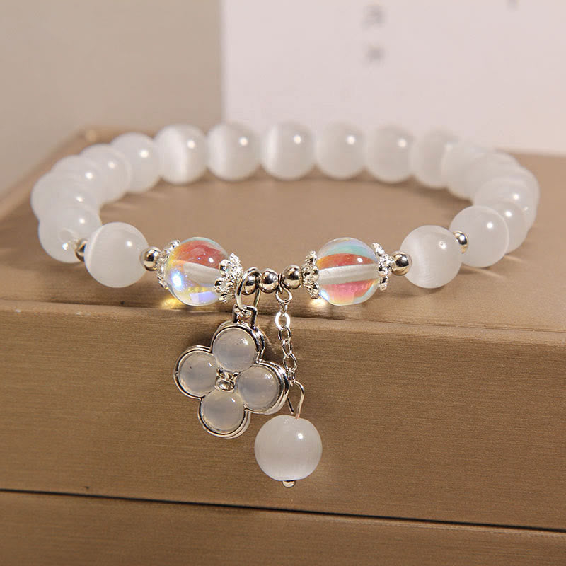 Fortune Jewel Cat's Eye Crystal Lucky Four Leaf Clover Charm Love Bracelet
