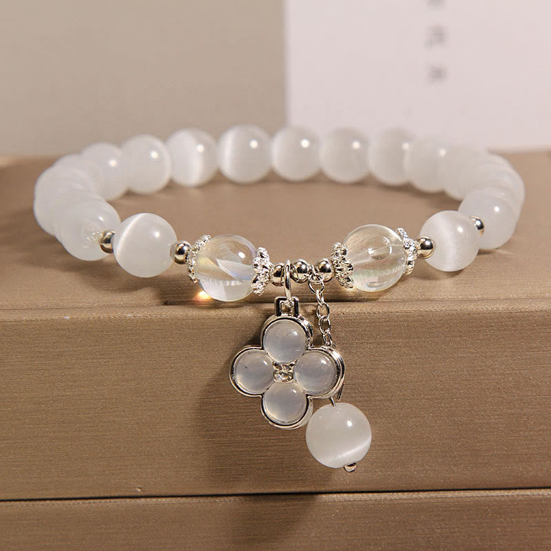 Fortune Jewel Cat's Eye Crystal Lucky Four Leaf Clover Charm Love Bracelet