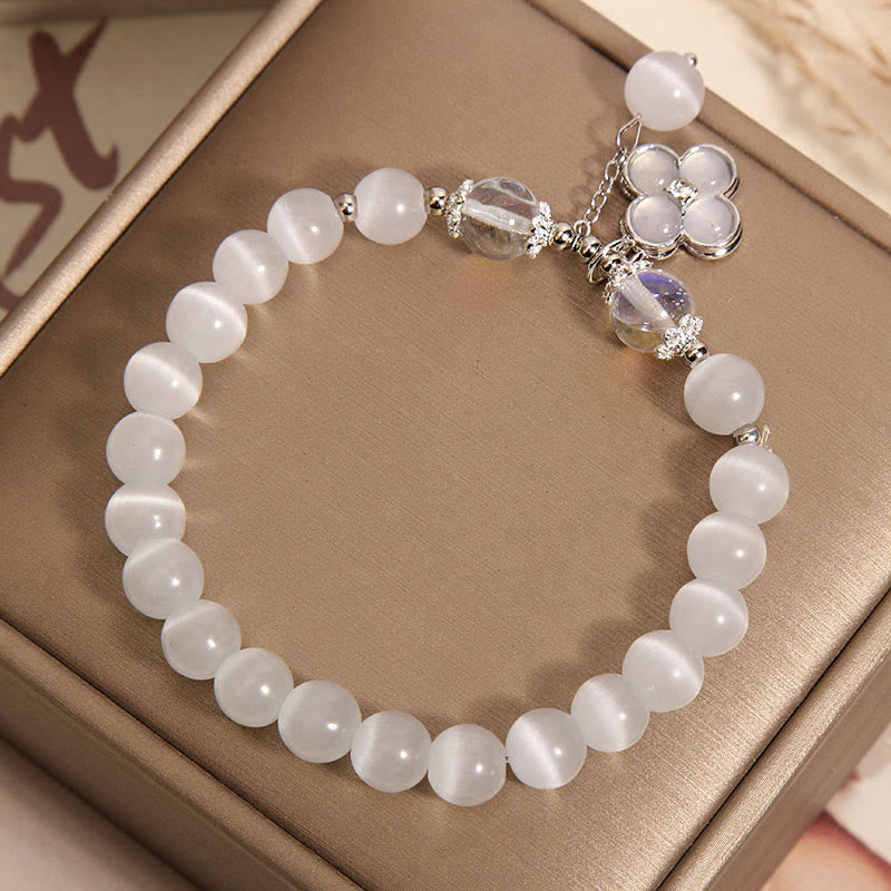 Fortune Jewel Cat's Eye Crystal Lucky Four Leaf Clover Charm Love Bracelet