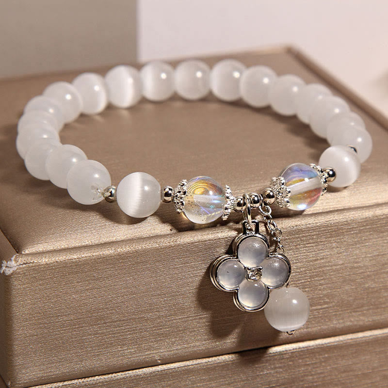 Fortune Jewel Cat's Eye Crystal Lucky Four Leaf Clover Charm Love Bracelet