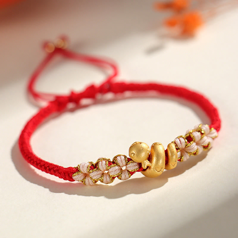 Fortune Jewel Handmade 999 Sterling Silver Year Of The Snake Red String Heart Peach Blossom Luck Bracelet