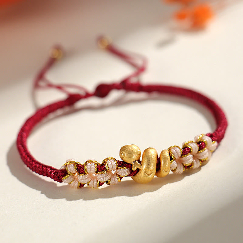 Fortune Jewel Handmade 999 Sterling Silver Year Of The Snake Red String Heart Peach Blossom Luck Bracelet