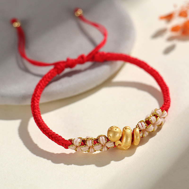 Fortune Jewel Handmade 999 Sterling Silver Year Of The Snake Red String Heart Peach Blossom Luck Bracelet