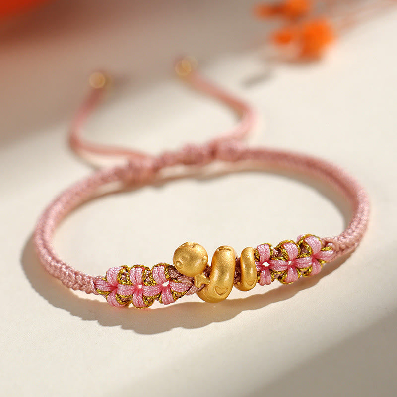 Fortune Jewel Handmade 999 Sterling Silver Year Of The Snake Red String Heart Peach Blossom Luck Bracelet