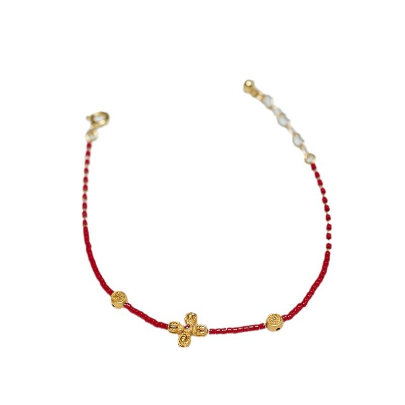 Fortune Jewel 925 Sterling Silver Plated 24k Gold Liuli Glass Bead PiXiu Four Leaf Clover Joy And Happiness Wealth Bracelet