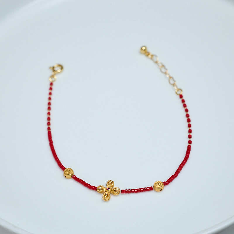 Fortune Jewel 925 Sterling Silver Plated 24k Gold Liuli Glass Bead PiXiu Four Leaf Clover Joy And Happiness Wealth Bracelet