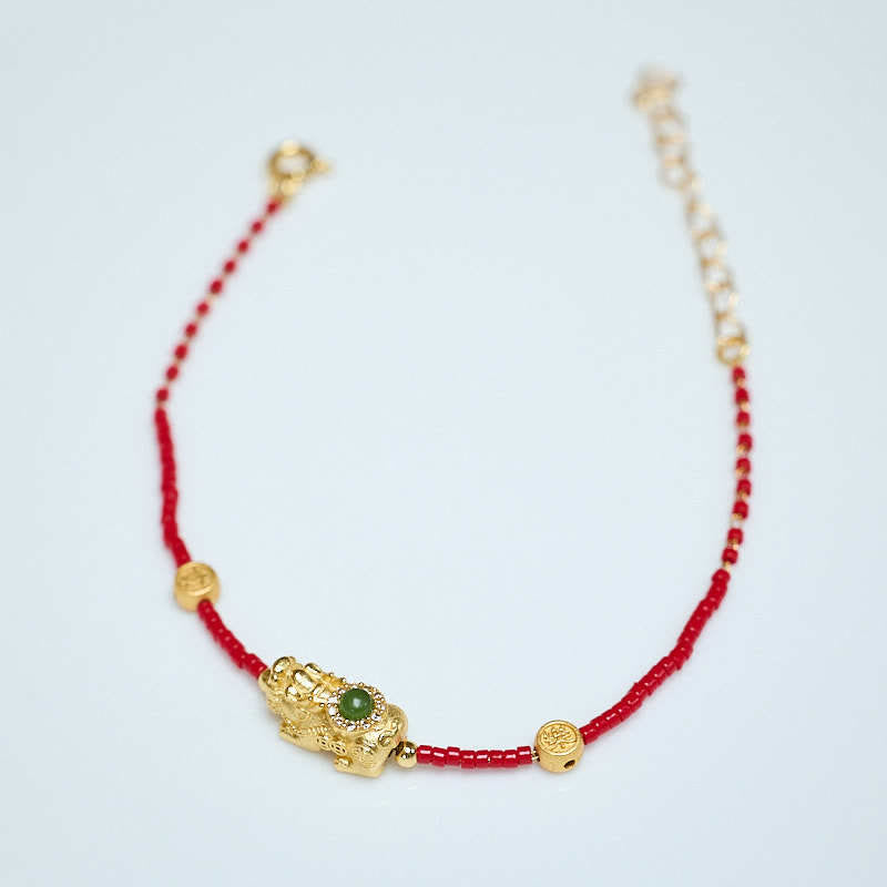 Fortune Jewel 925 Sterling Silver Plated 24k Gold Liuli Glass Bead PiXiu Four Leaf Clover Joy And Happiness Wealth Bracelet
