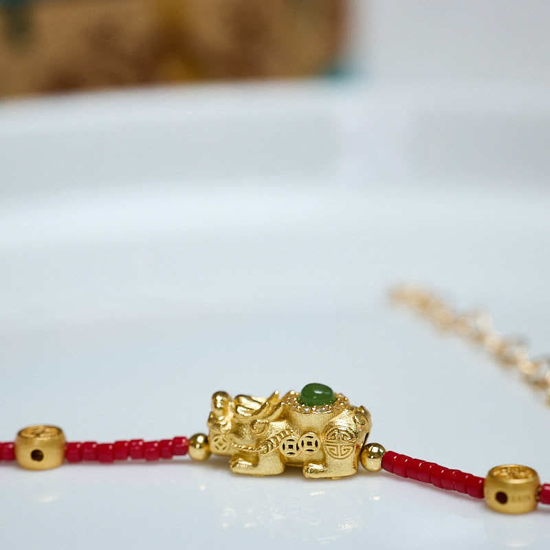 Fortune Jewel 925 Sterling Silver Plated 24k Gold Liuli Glass Bead PiXiu Four Leaf Clover Joy And Happiness Wealth Bracelet