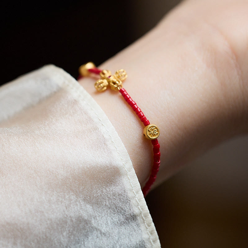 Fortune Jewel 925 Sterling Silver Plated 24k Gold Liuli Glass Bead PiXiu Four Leaf Clover Joy And Happiness Wealth Bracelet