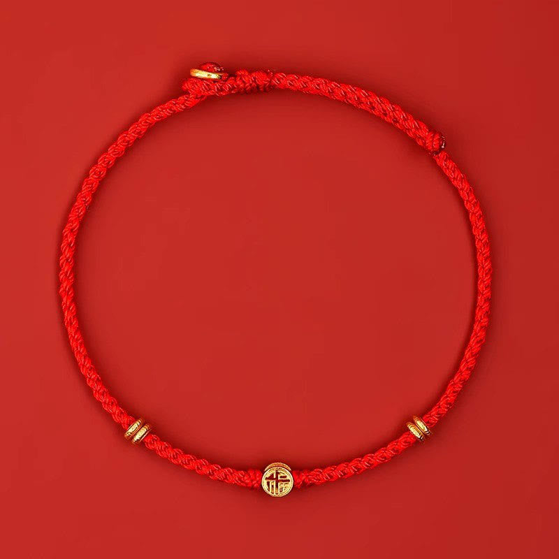 Fortune Jewel Handmade Braided Red String 925 Sterling Silver Fu Character Luck Bracelet