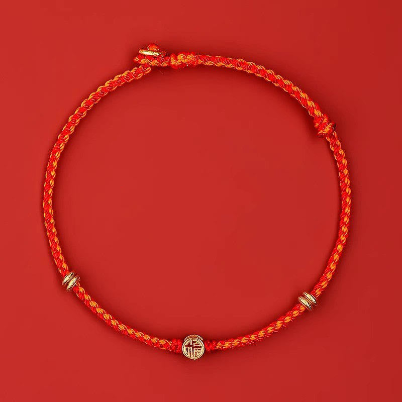 Fortune Jewel Handmade Braided Red String 925 Sterling Silver Fu Character Luck Bracelet