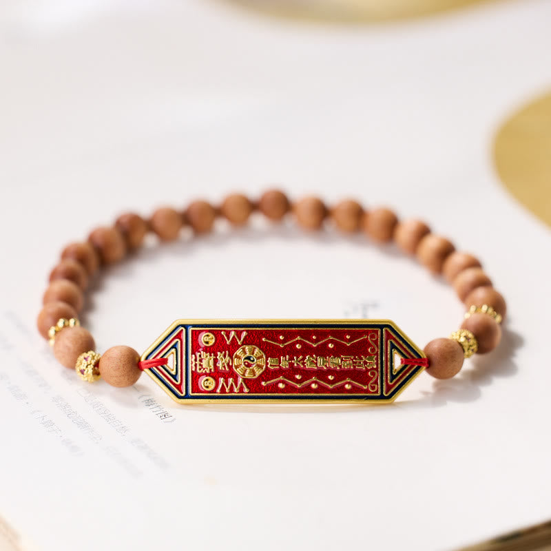 Fortune Jewel Sandalwood Wood Bead Gold Plated Copper Bagua Yin Yang Chinese Character Harmony Bracelet