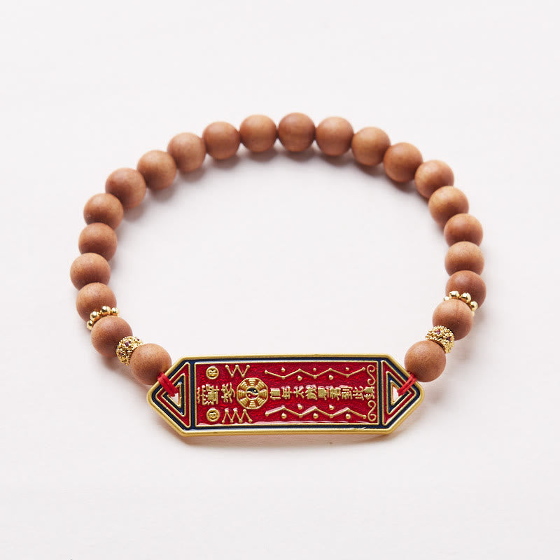 Fortune Jewel Sandalwood Wood Bead Gold Plated Copper Bagua Yin Yang Chinese Character Harmony Bracelet