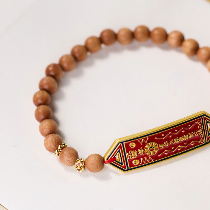 Fortune Jewel Sandalwood Wood Bead Gold Plated Copper Bagua Yin Yang Chinese Character Harmony Bracelet