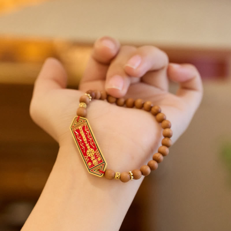 Fortune Jewel Sandalwood Wood Bead Gold Plated Copper Bagua Yin Yang Chinese Character Harmony Bracelet