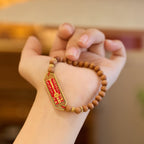 Fortune Jewel Sandalwood Wood Bead Gold Plated Copper Bagua Yin Yang Chinese Character Harmony Bracelet