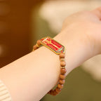 Fortune Jewel Sandalwood Wood Bead Gold Plated Copper Bagua Yin Yang Chinese Character Harmony Bracelet