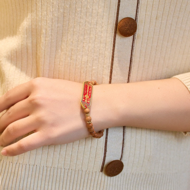 Fortune Jewel Sandalwood Wood Bead Gold Plated Copper Bagua Yin Yang Chinese Character Harmony Bracelet