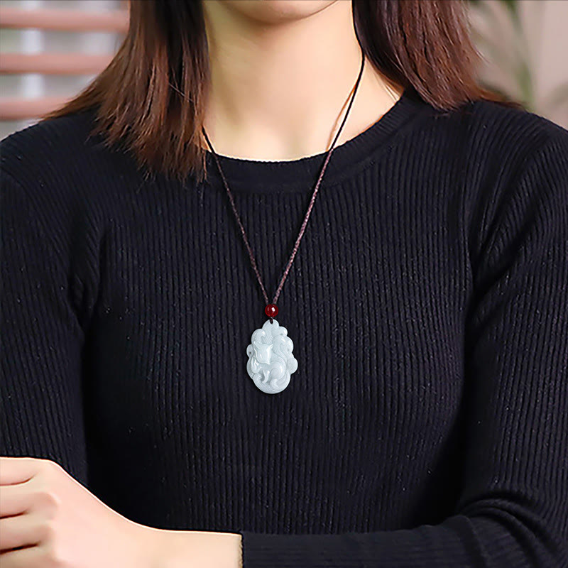Fortune Jewel Natural Jade Nine Tailed Fox Luck Necklace Pendant