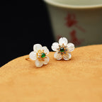 Fortune Jewel 925 Sterling Silver Tridacna Stone Jade Flower Blessing Earrings