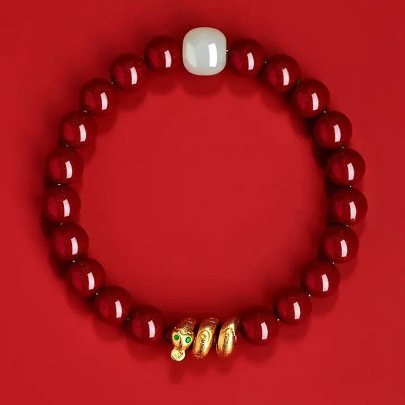 Fortune Jewel Cinnabar Bead Hetian Jade Year Of The Snake Blessing Bracelet