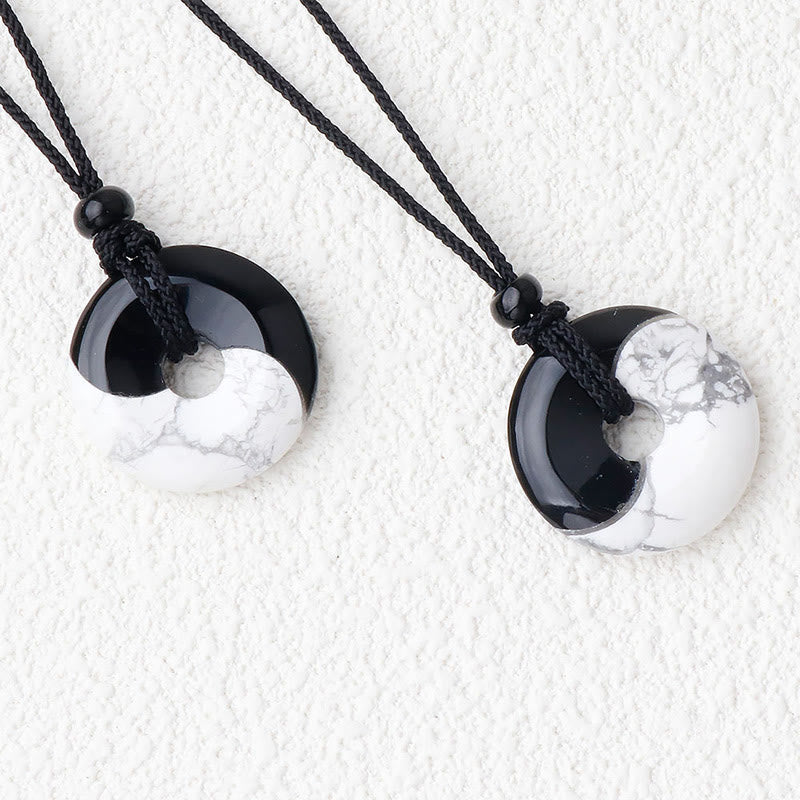 Fortune Jewel Natural Black Obsidian White Turquoise Yin Yang Peace Buckle Design Braided String Strength Necklace Pendant