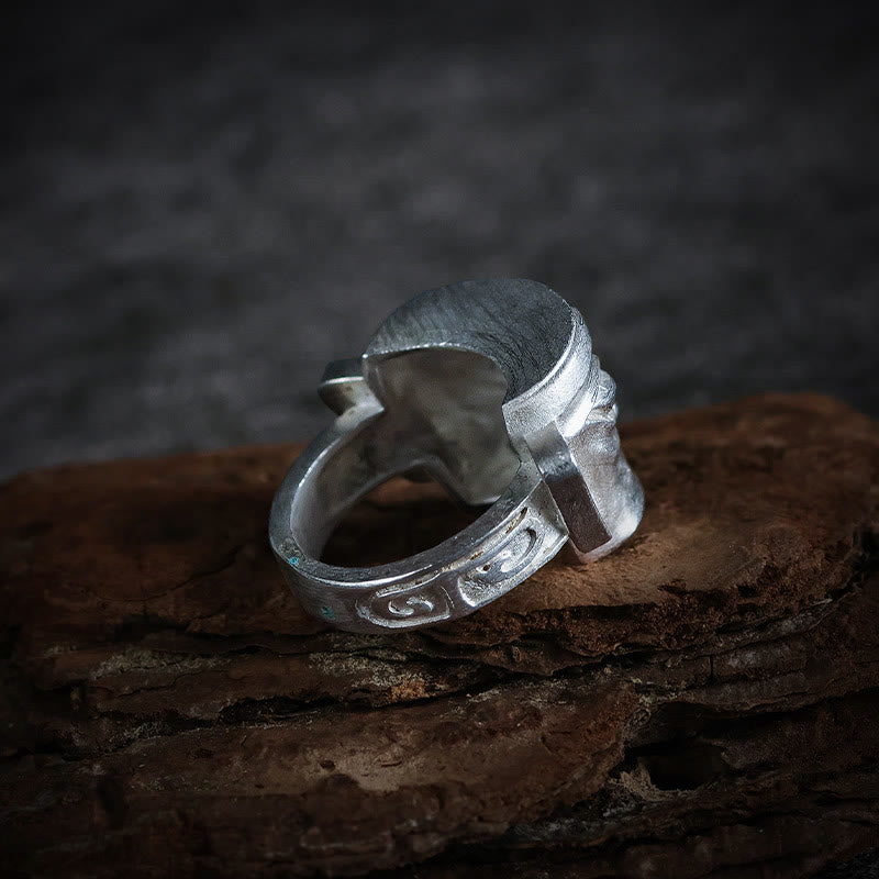 Fortune Jewel 999 Sterling Silver Hand Casting Sanxingdui Mask Protection Ring - Fortune Jewel
