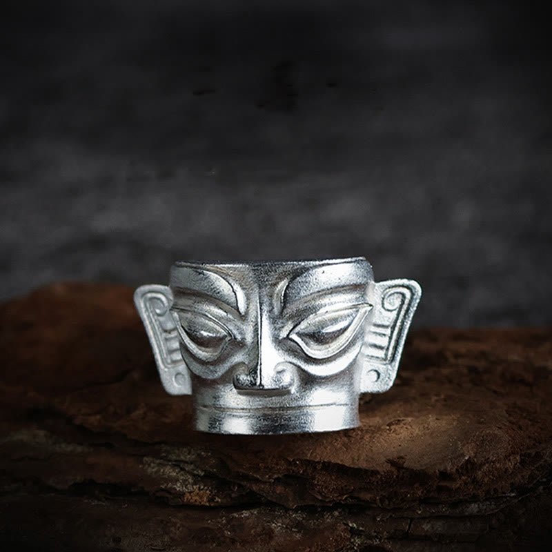 Fortune Jewel 999 Sterling Silver Hand Casting Sanxingdui Mask Protection Ring - Fortune Jewel