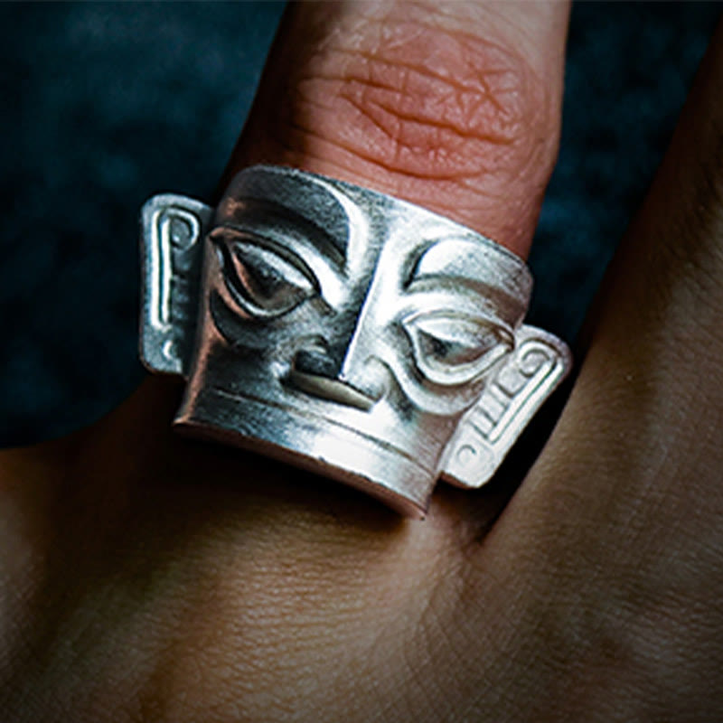 Fortune Jewel 999 Sterling Silver Hand Casting Sanxingdui Mask Protection Ring - Fortune Jewel