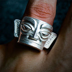 Fortune Jewel 999 Sterling Silver Hand Casting Sanxingdui Mask Protection Ring - Fortune Jewel