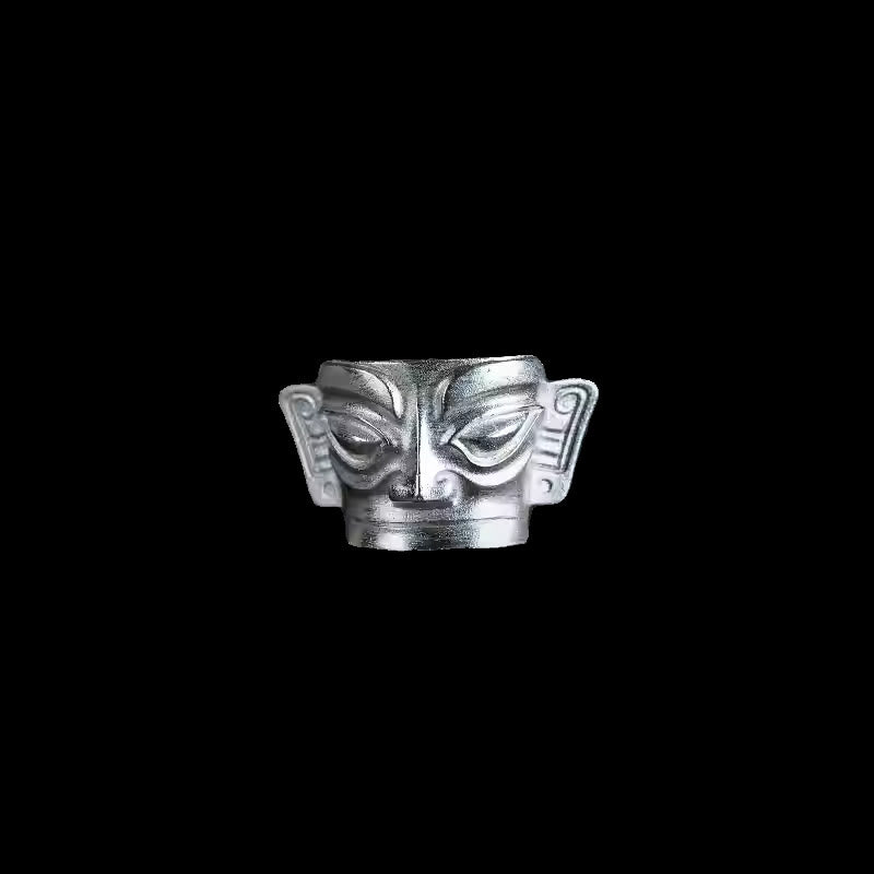 Fortune Jewel 999 Sterling Silver Hand Casting Sanxingdui Mask Protection Ring - Fortune Jewel