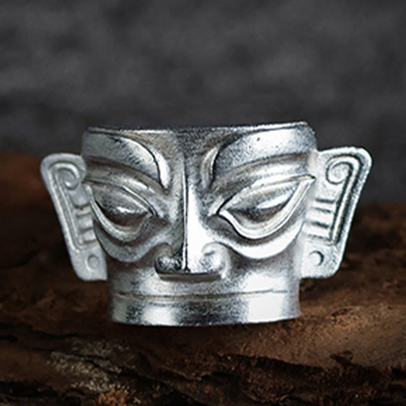 Fortune Jewel 999 Sterling Silver Hand Casting Sanxingdui Mask Protection Ring - Fortune Jewel