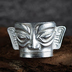 Fortune Jewel 999 Sterling Silver Hand Casting Sanxingdui Mask Protection Ring - Fortune Jewel