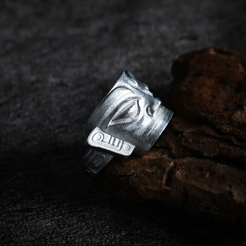 Fortune Jewel 999 Sterling Silver Hand Casting Sanxingdui Mask Protection Ring - Fortune Jewel