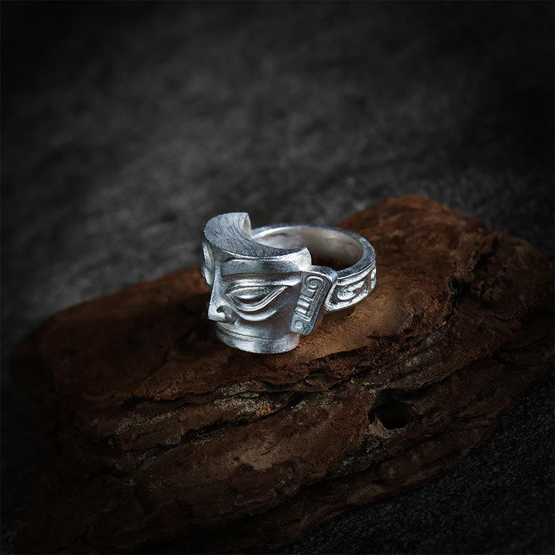Fortune Jewel 999 Sterling Silver Hand Casting Sanxingdui Mask Protection Ring - Fortune Jewel