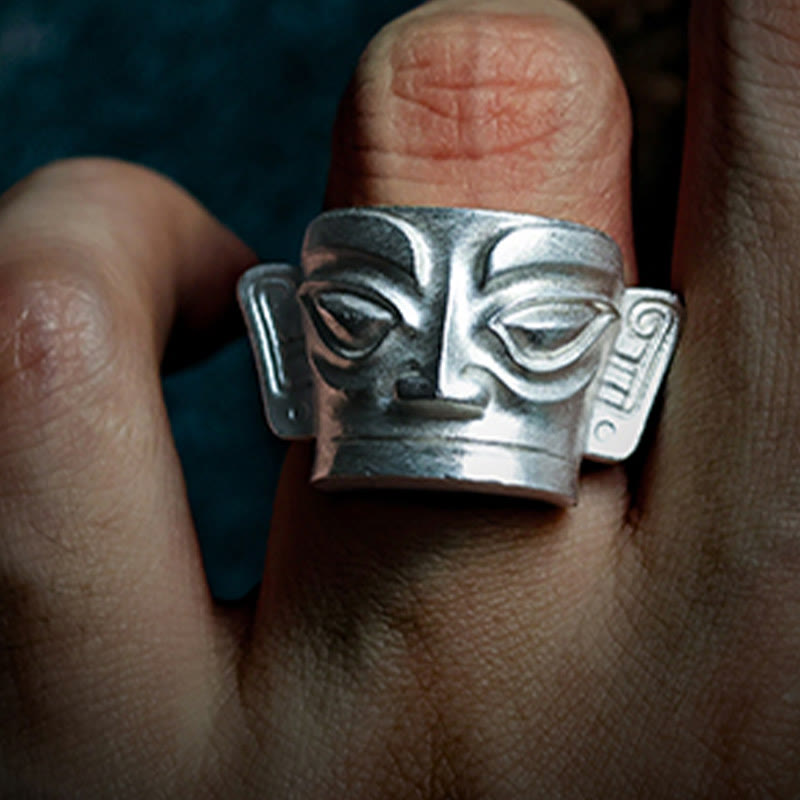 Fortune Jewel 999 Sterling Silver Hand Casting Sanxingdui Mask Protection Ring - Fortune Jewel