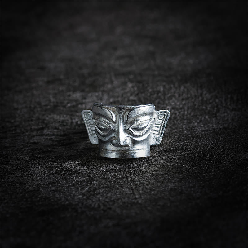 Fortune Jewel 999 Sterling Silver Hand Casting Sanxingdui Mask Protection Ring - Fortune Jewel