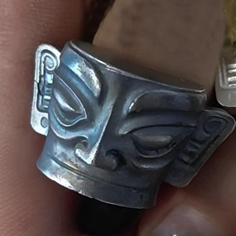Fortune Jewel 999 Sterling Silver Hand Casting Sanxingdui Mask Protection Ring - Fortune Jewel
