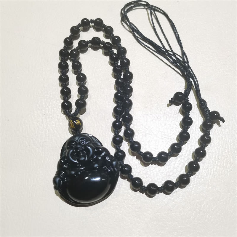 Fortune Jewel Natural Black Obsidian Ice Obsidian Laughing Buddha Purification Necklace Pendant