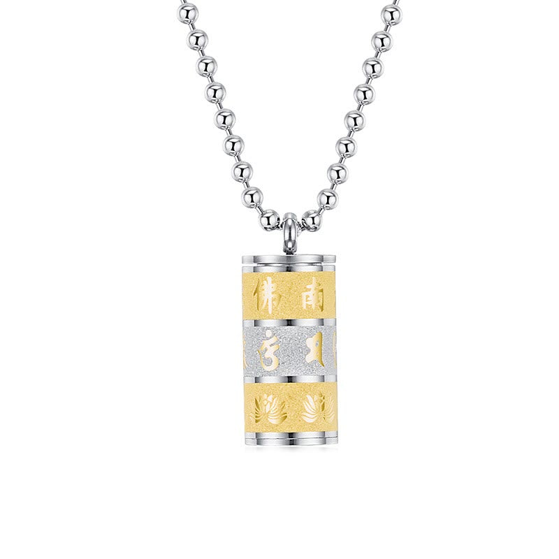 Fortune Jewel Tibetan Om Mani Padme Hum Lotus Pattern Prayer Wheel Titanium Steel Peace Necklace Pendant Fortune Jewel
