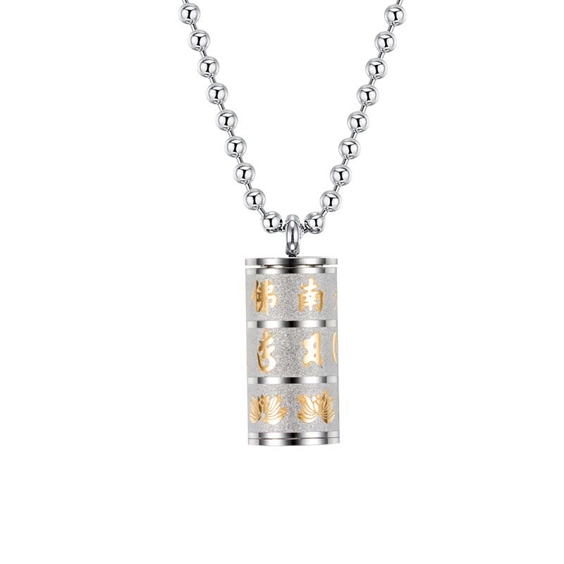 Fortune Jewel Tibetan Om Mani Padme Hum Lotus Pattern Prayer Wheel Titanium Steel Peace Necklace Pendant Fortune Jewel