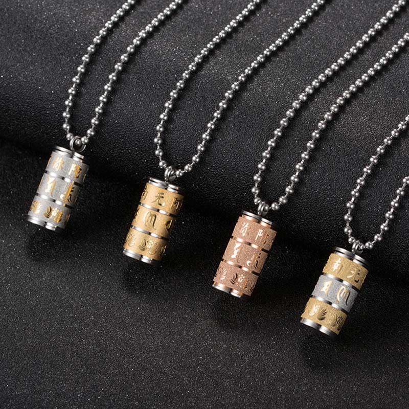 Fortune Jewel Tibetan Om Mani Padme Hum Lotus Pattern Prayer Wheel Titanium Steel Peace Necklace Pendant Fortune Jewel