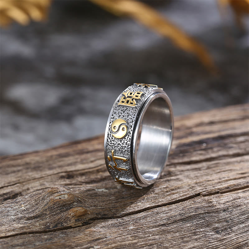 Fortune Jewel Tibetan The Nine-word Mantra Yin Yang Pattern Titanium Steel Spinner Balance Ring Fortune Jewel