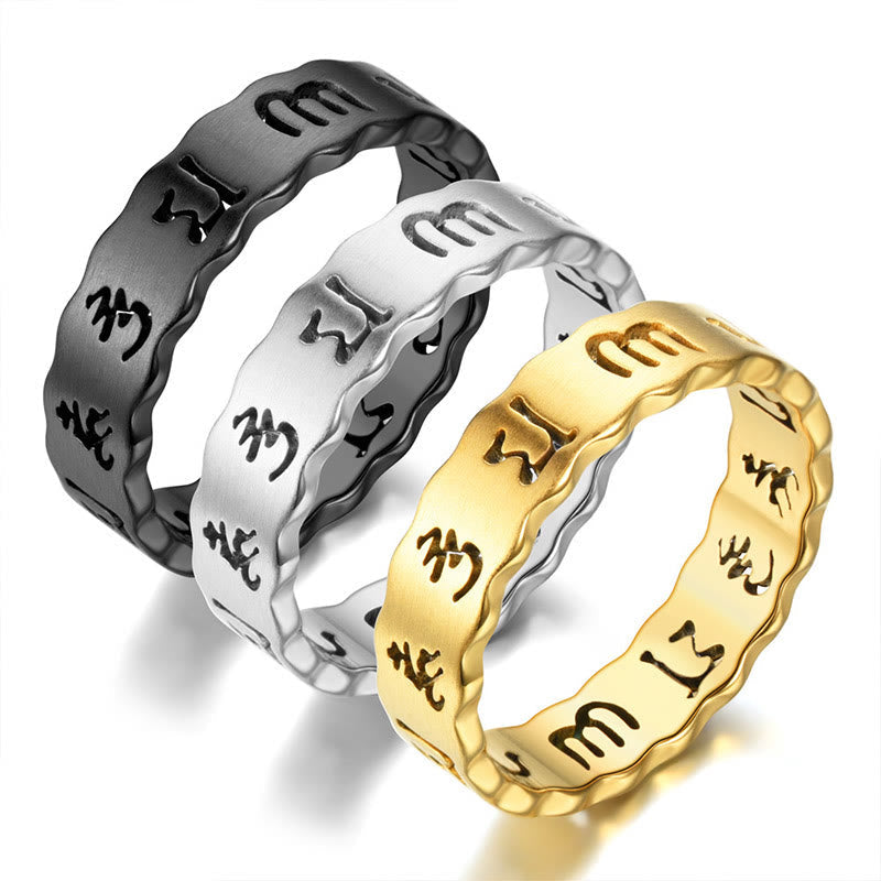Fortune Jewel Tibetan Hollow Om Mani Padme Hum Titanium Steel Balance Ring