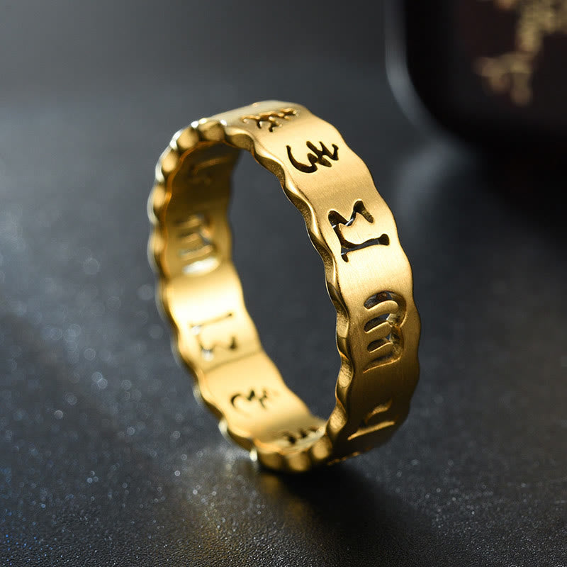Fortune Jewel Tibetan Hollow Om Mani Padme Hum Titanium Steel Balance Ring