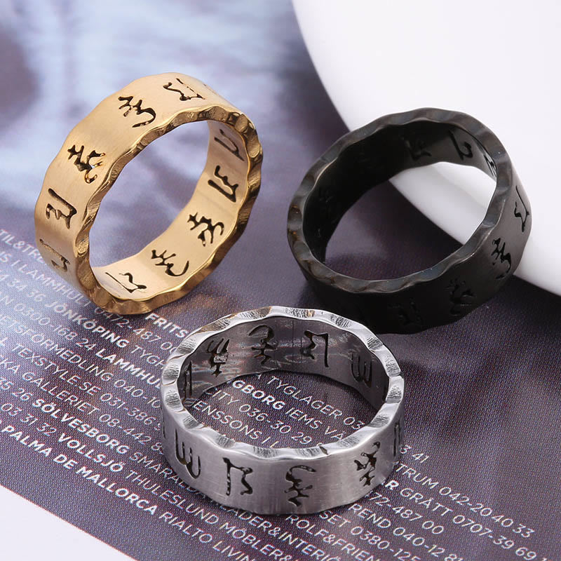 Fortune Jewel Tibetan Hollow Om Mani Padme Hum Titanium Steel Balance Ring
