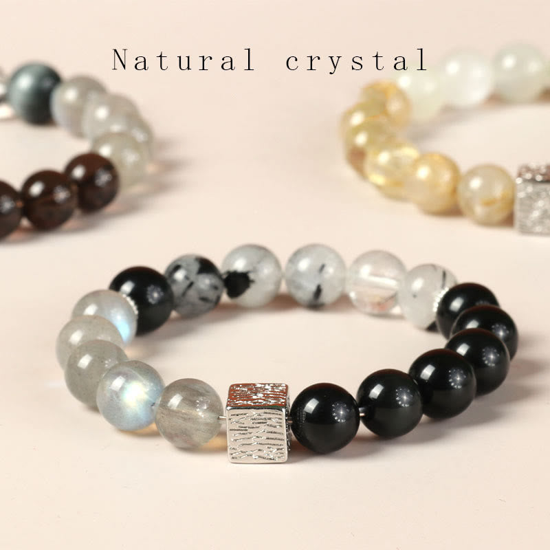 Fortune Jewel Black Obsidian Black Rutilated Quartz Moonstone Cube Strength Bracelet