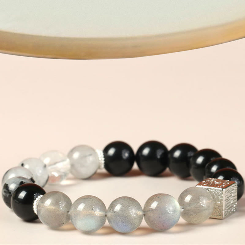 Fortune Jewel Black Obsidian Black Rutilated Quartz Moonstone Cube Strength Bracelet